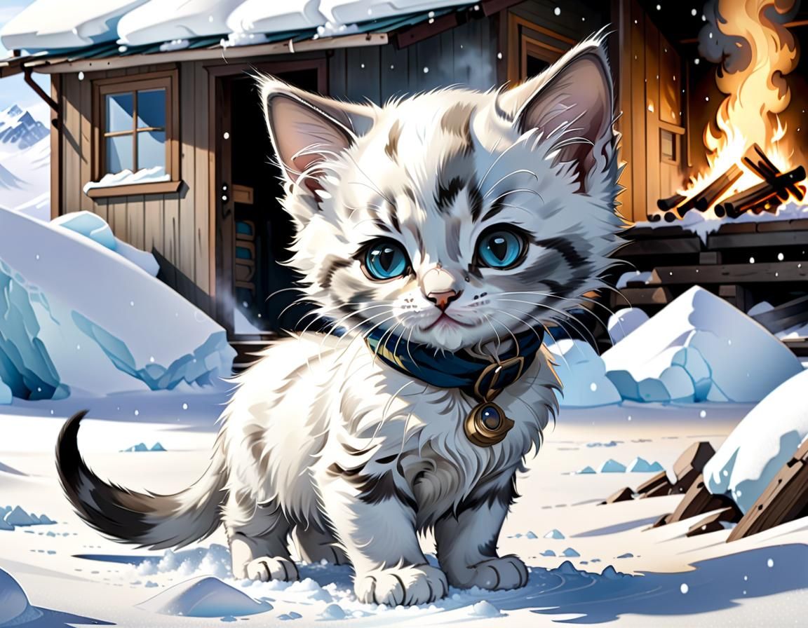 Kitten in Snow Near Burning Antarctic Station