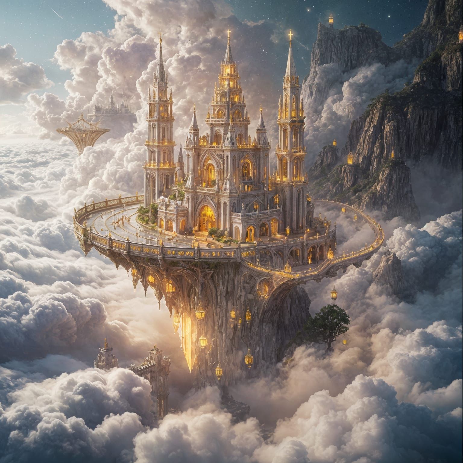 Celestial Floating City of White Spires, Hyperrealistic Film...