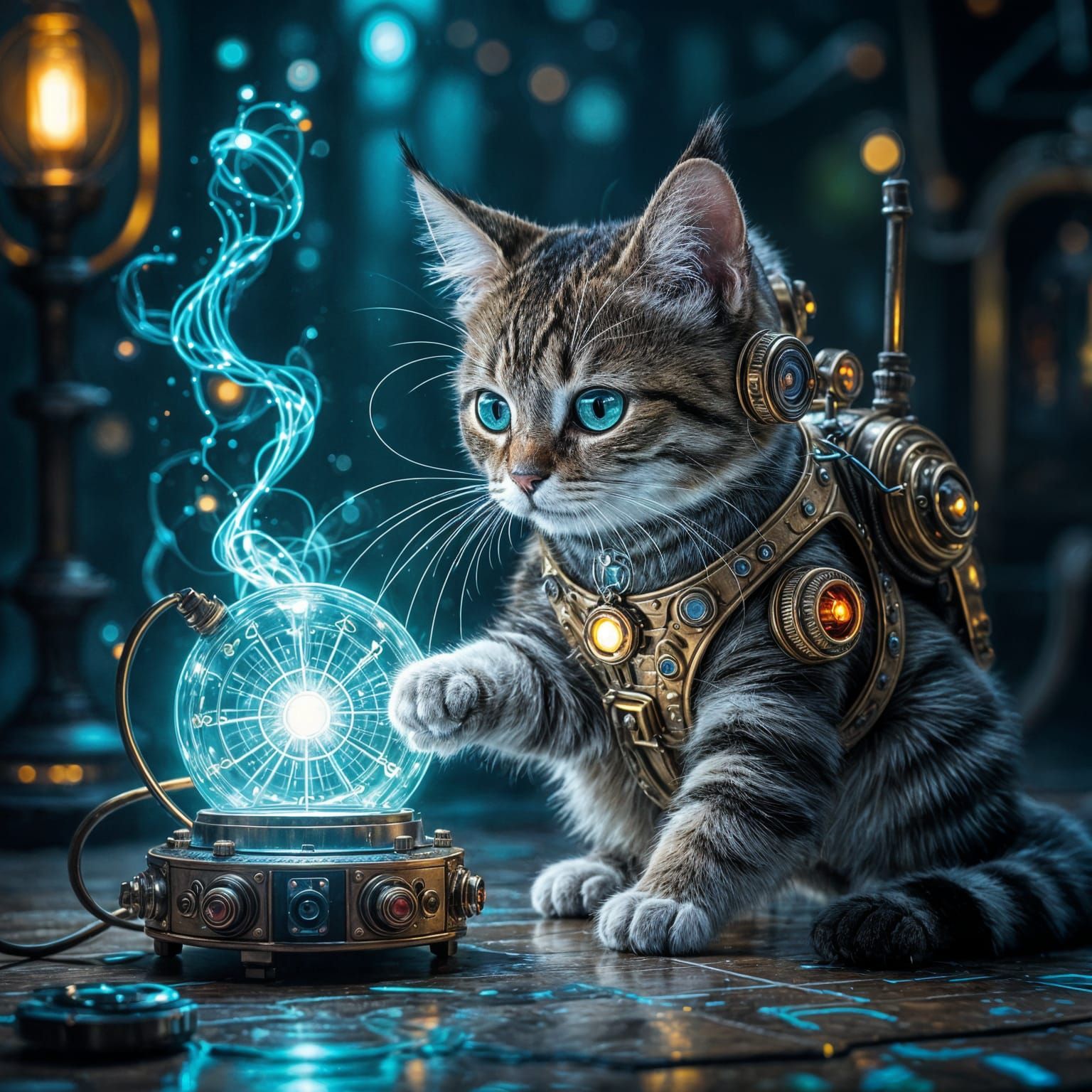 Steampunk Cat's Digital Transformation: Oil Painting