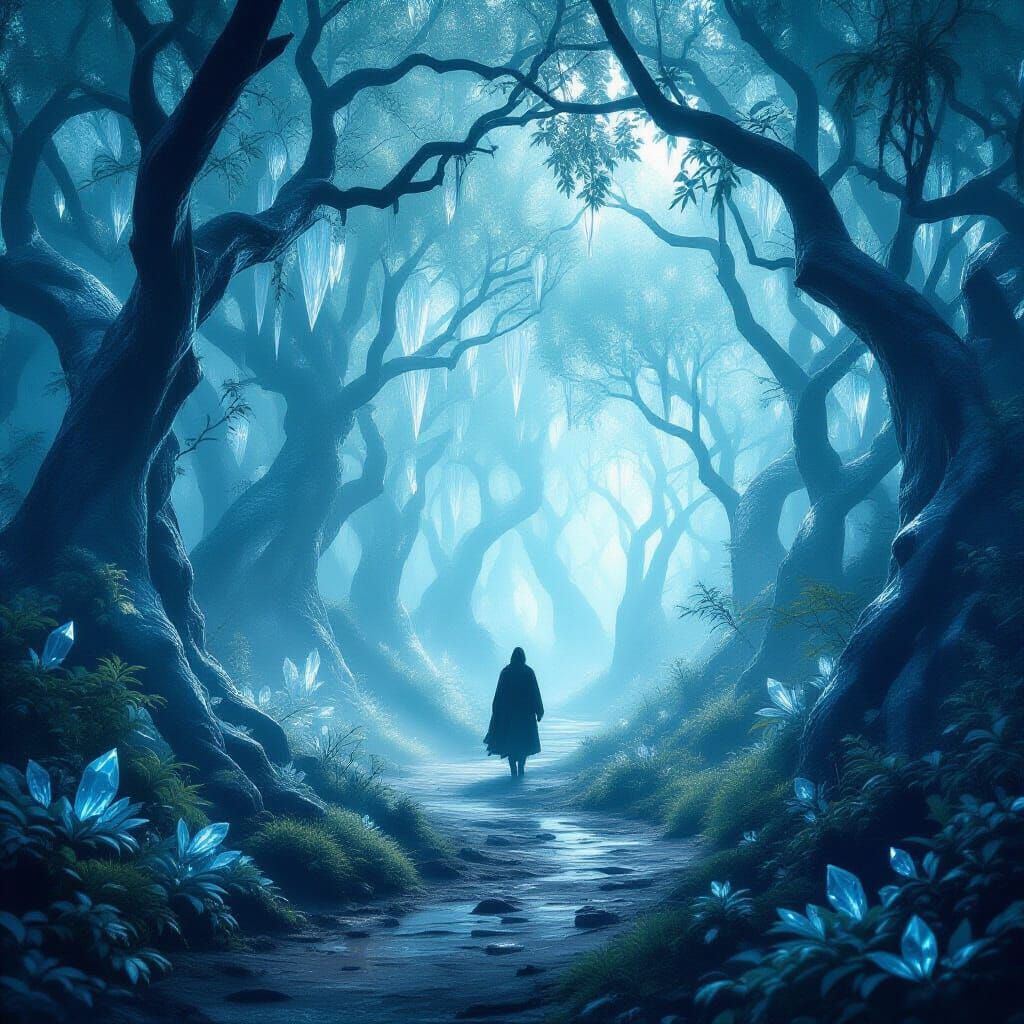 Solitary Figure in Ethereal Crystal Forest