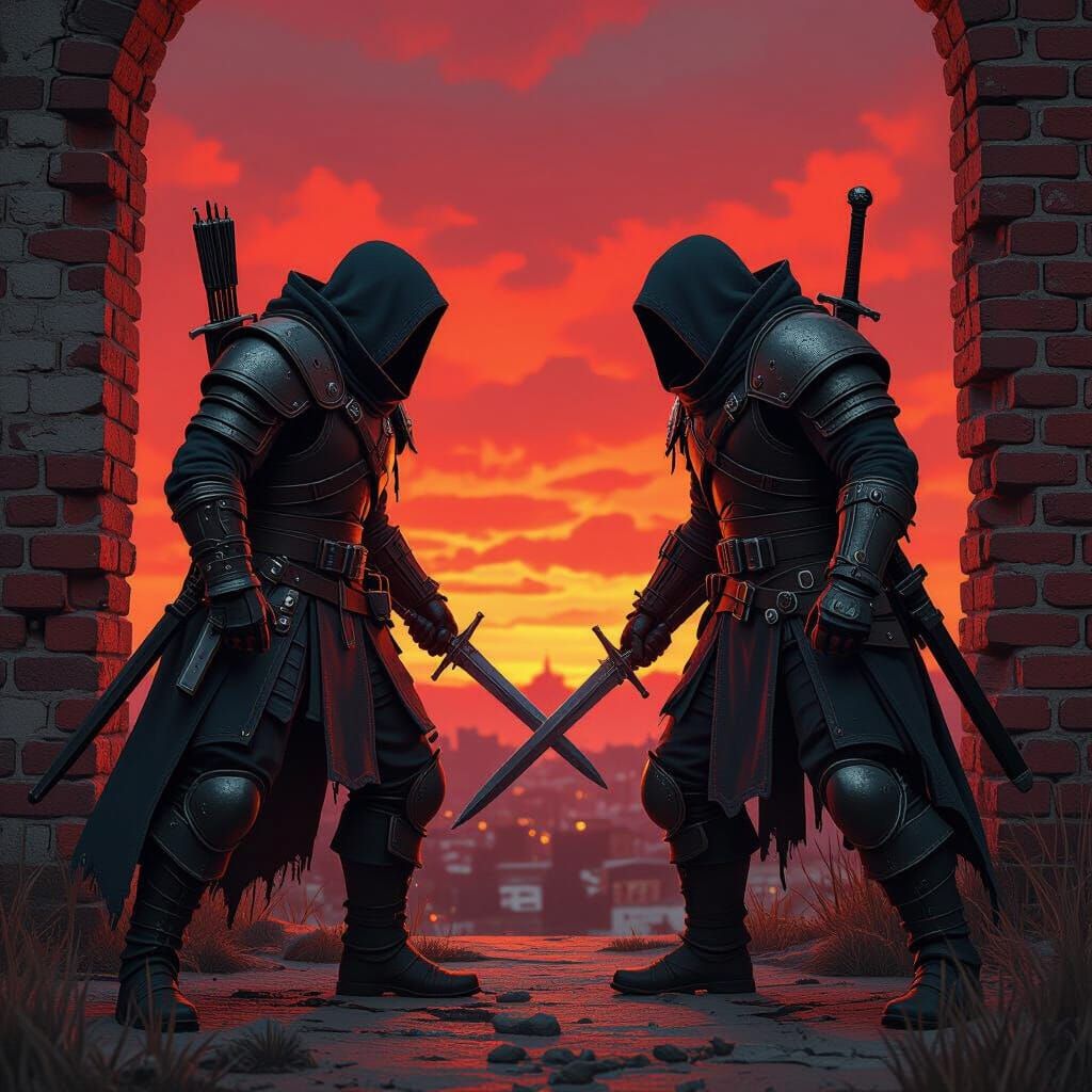 Two Warriors Face Off Under Red Sky as Matte Painting