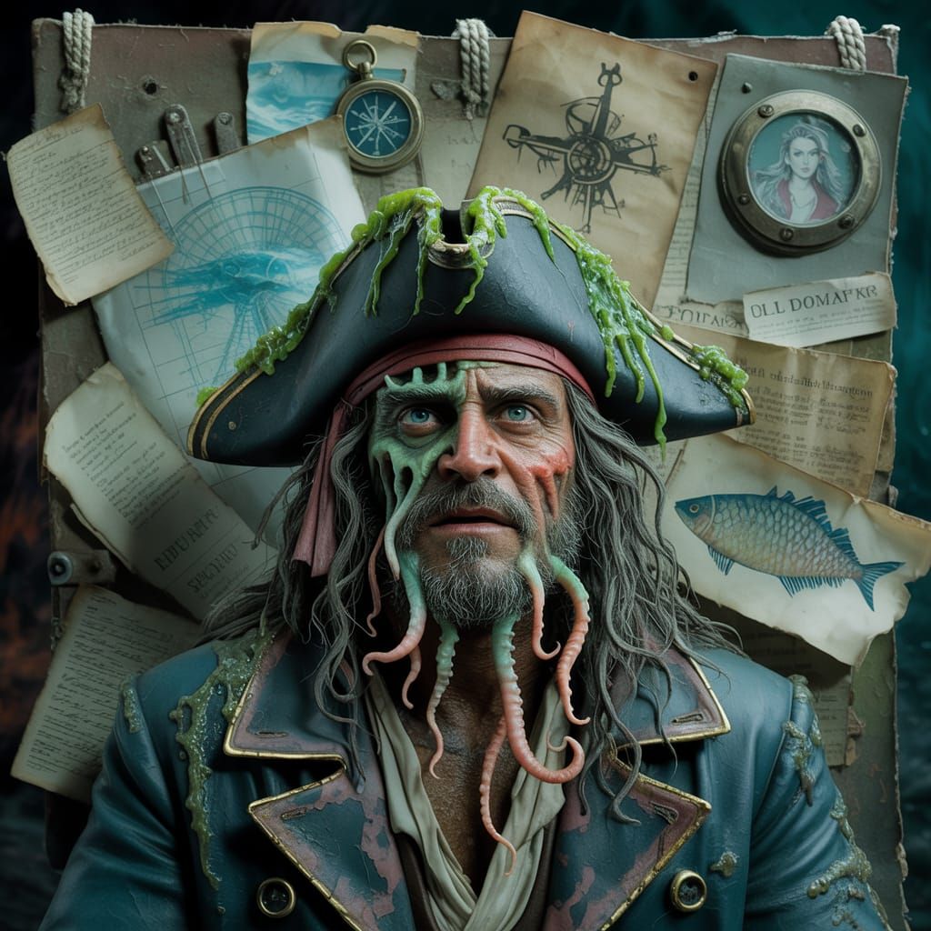 Sea-Worn Pirate Captain Portrait with Nautical Collage
