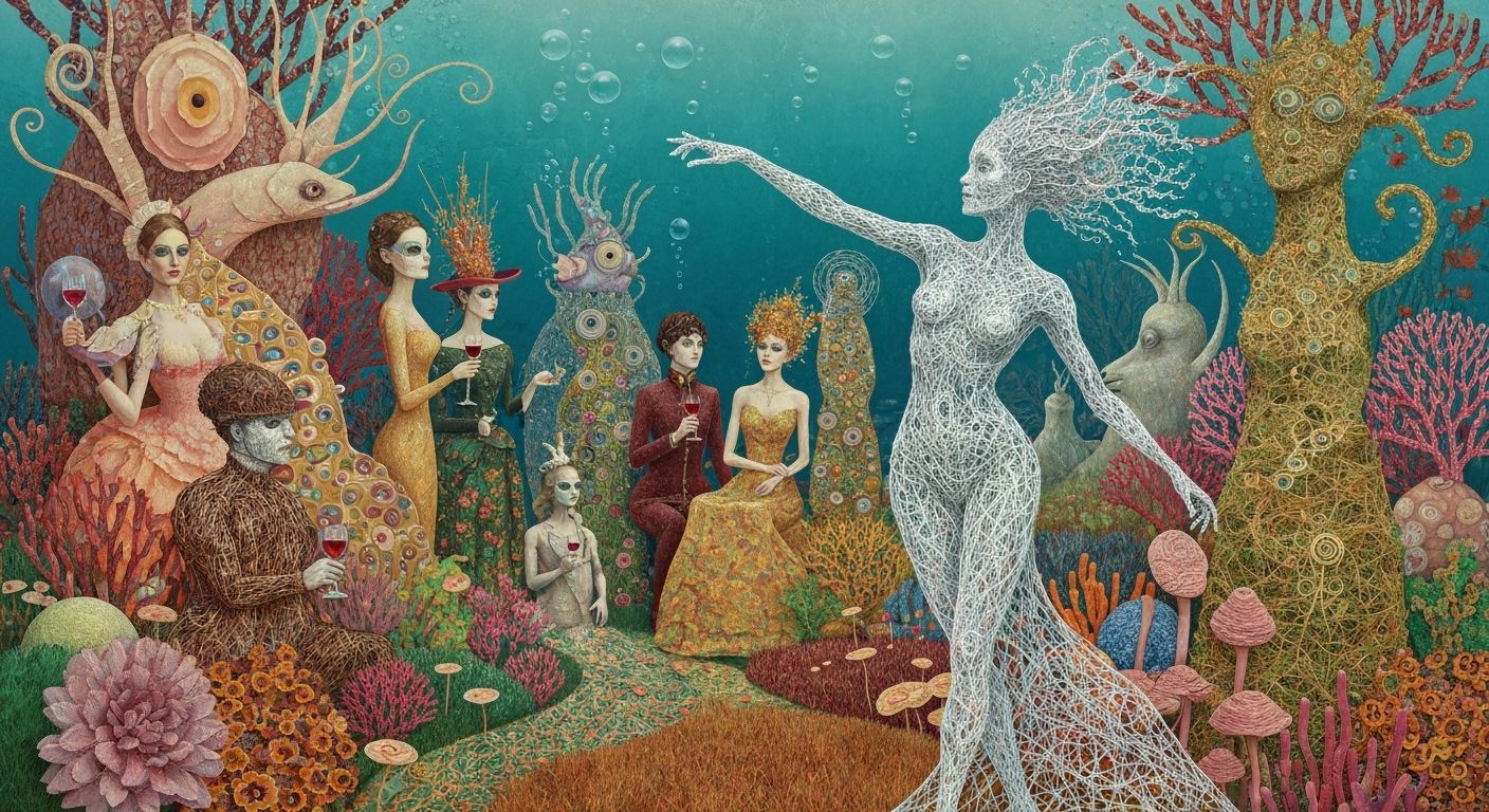 Surreal Underwater Garden Party with Cosmic Beings
