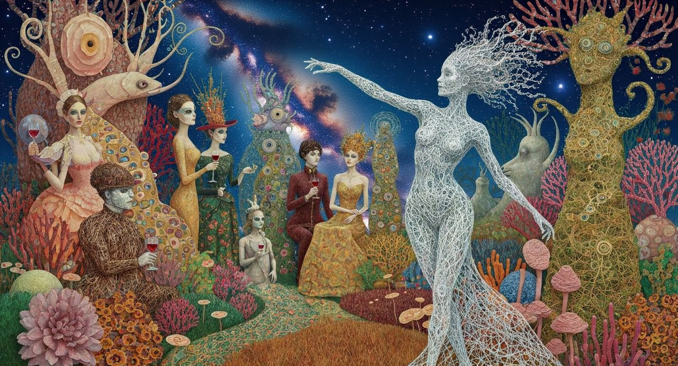 Surreal Underwater Garden Party with Whimsical Sea Creatures