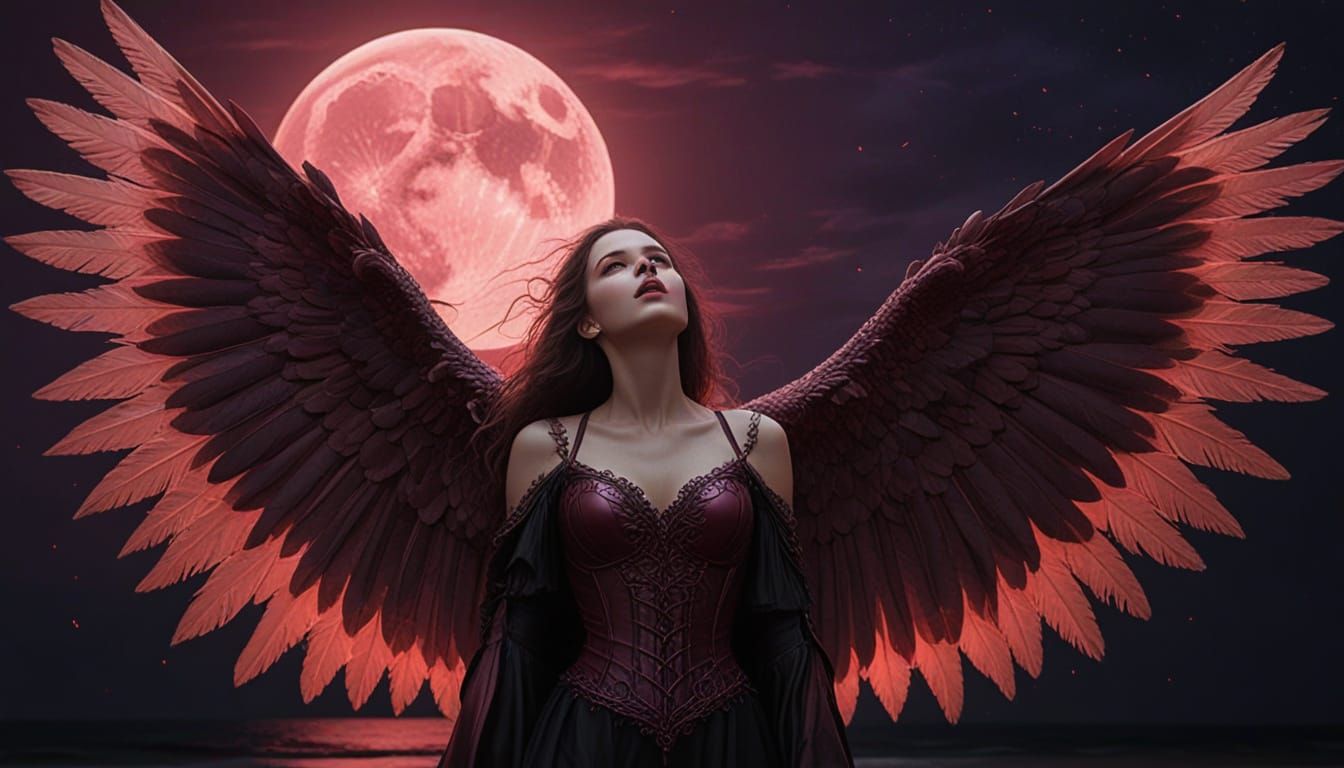 Angelic Vampire Under Red Moon: Gothic Art