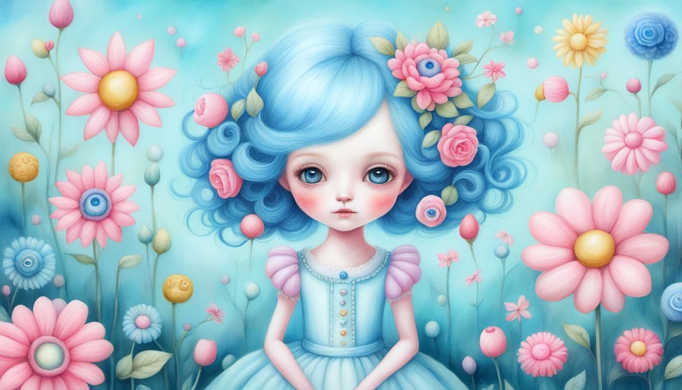 Cute Girl with Big Eyes in Whimsical Style