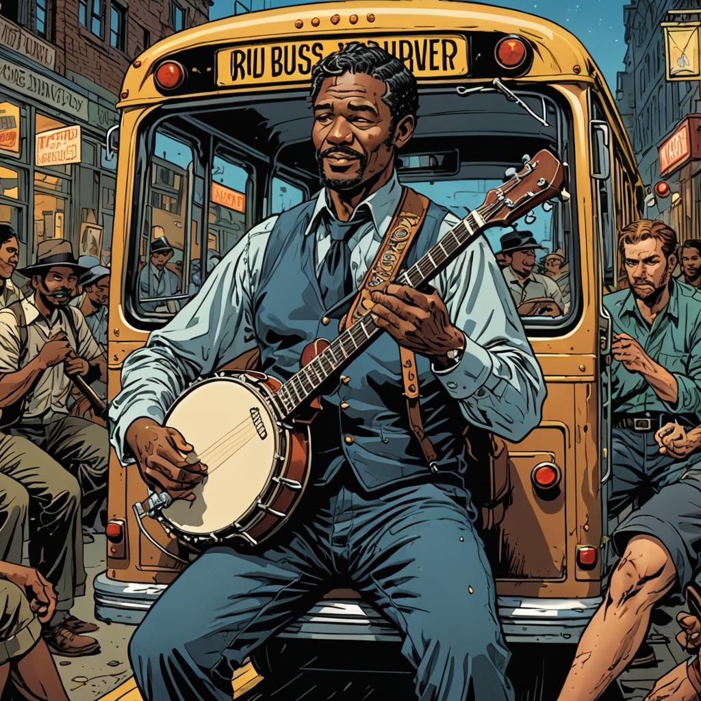 Bus Driver Playing Banjo in Comic Book Style