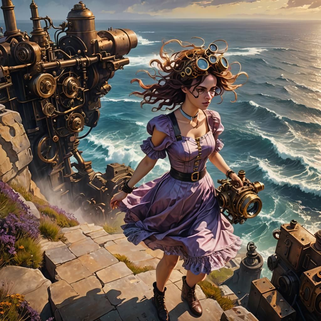 Steampunk Woman on Windy Cliffs Overlooking Sea