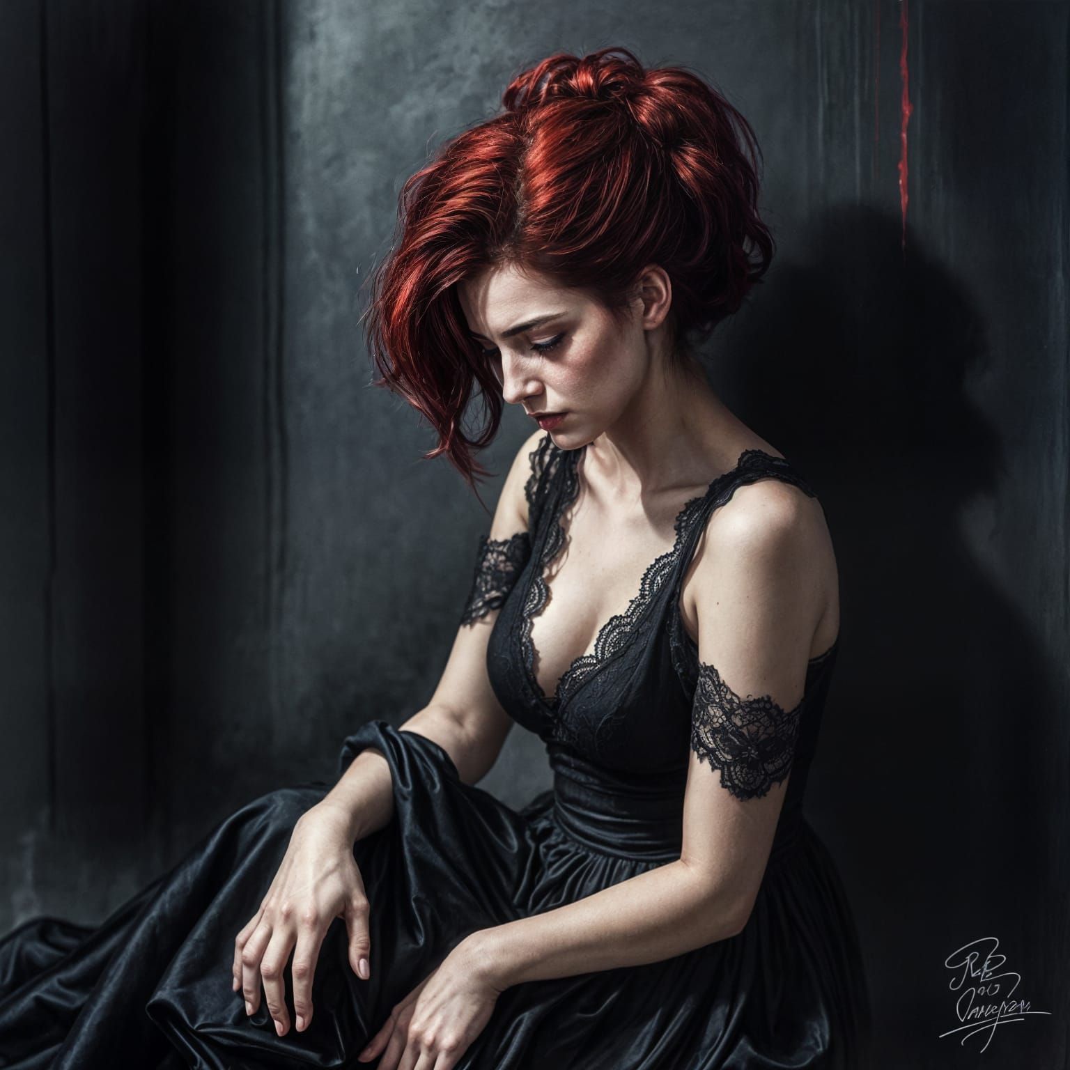 Woman in Shadows, Dark Red Hair, Charcoal Art