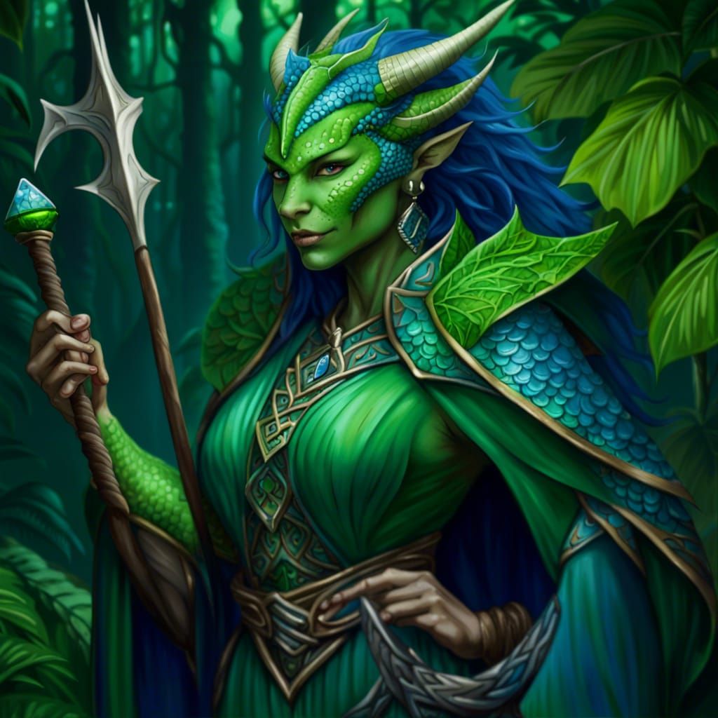 Dragonborn Druid in Lush Tropical Forest