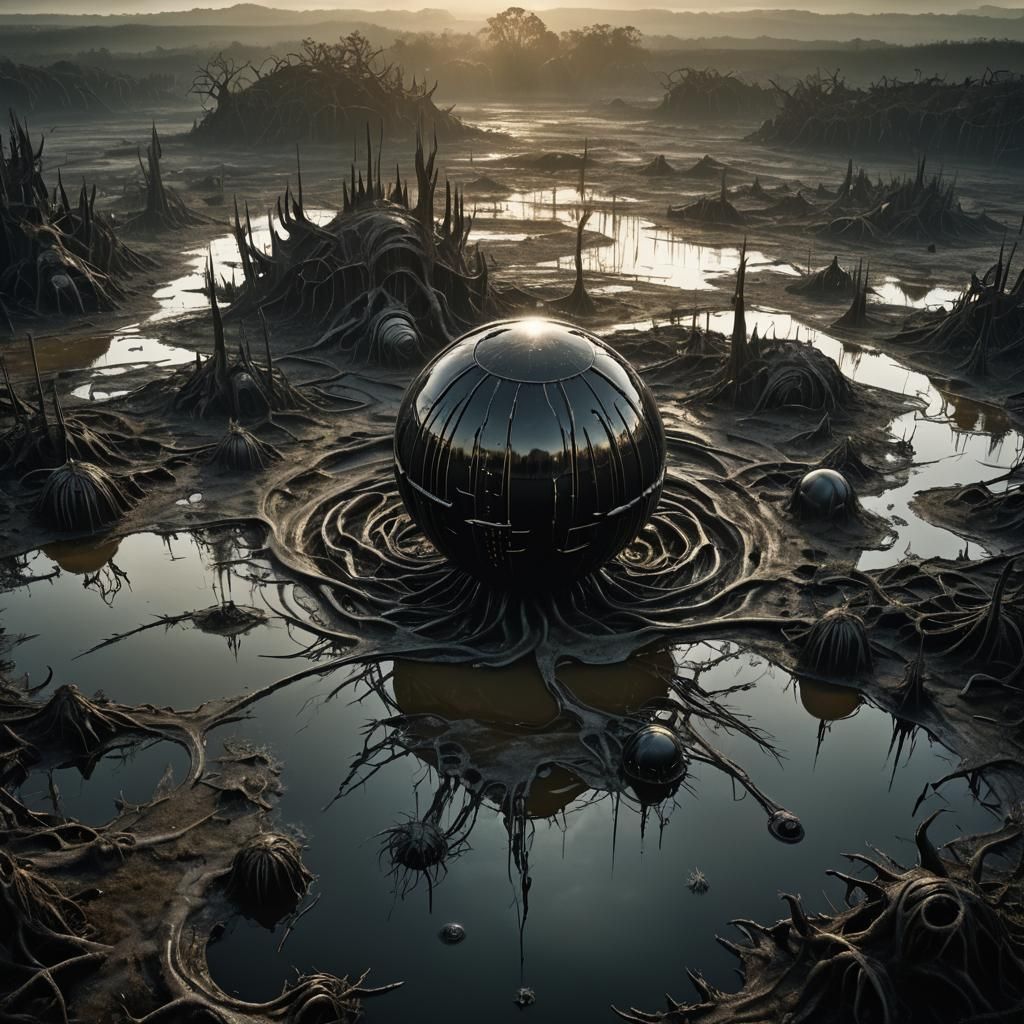 Glowing Orb Over Dark Alien Swampscape