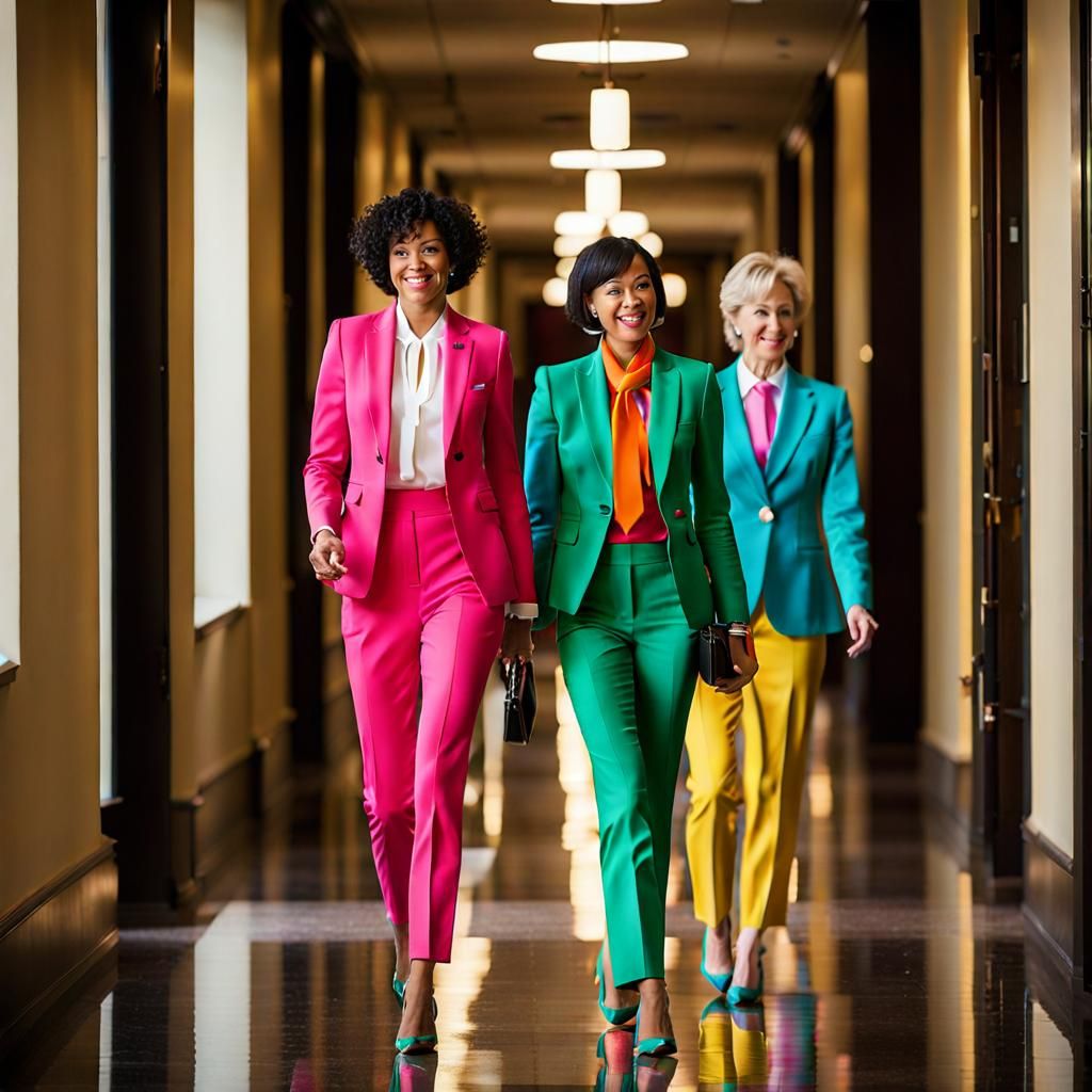 Women in Bright Pantsuits and Ties