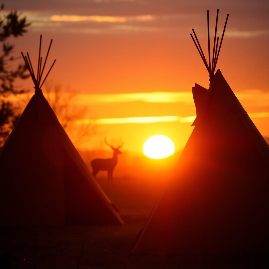 Autumn Sunset Tipi with Deer Silhouette