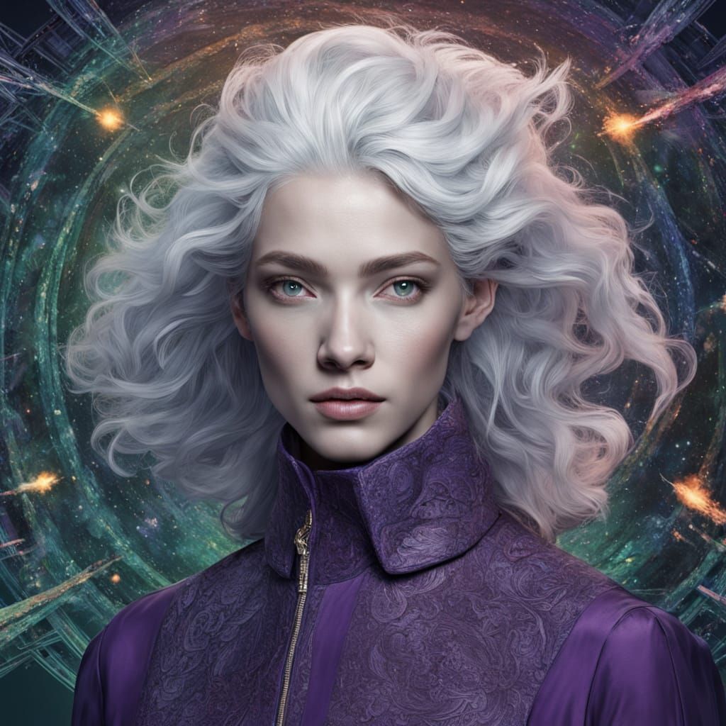 Lustrous abundant silvery white hair cascades in soft waves, deep violet eyes, flawless ivory complexion, a rich green s...