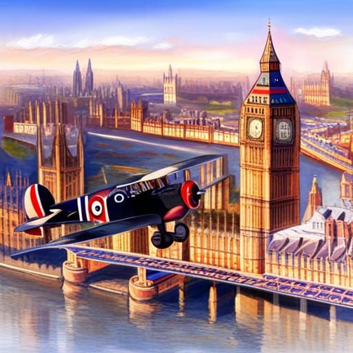 a sopwith camel aircraft flying over London.