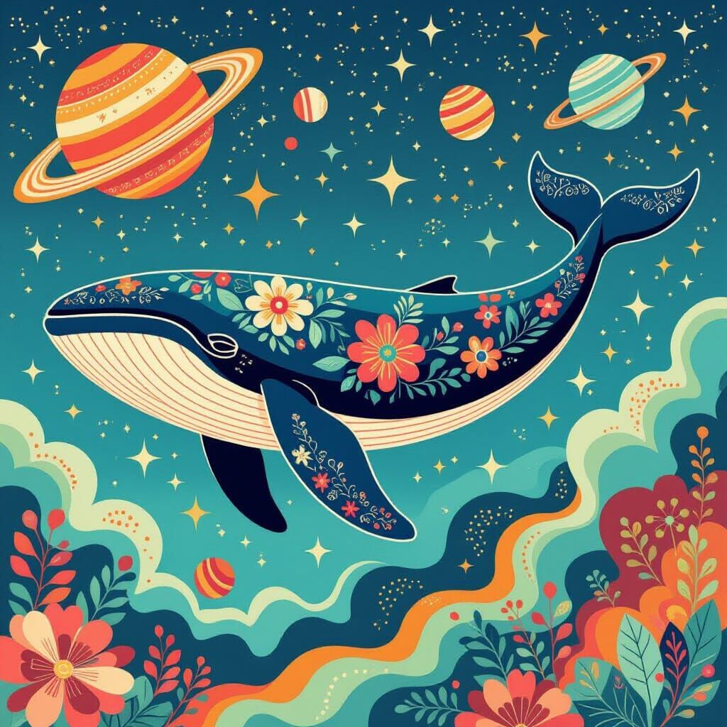 Whale in Cosmic Ocean Mid-Century Illustration