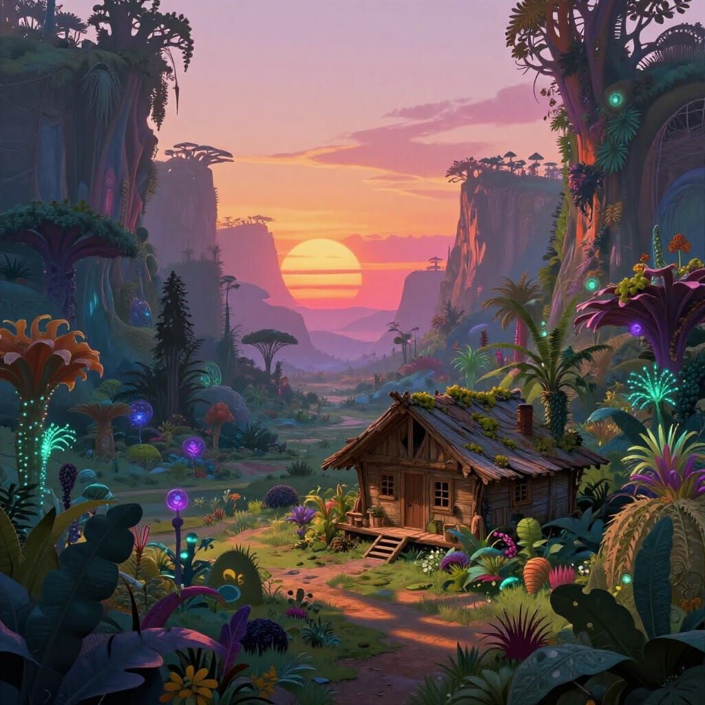 Alien Valley Cabin in Binary Sunset Light