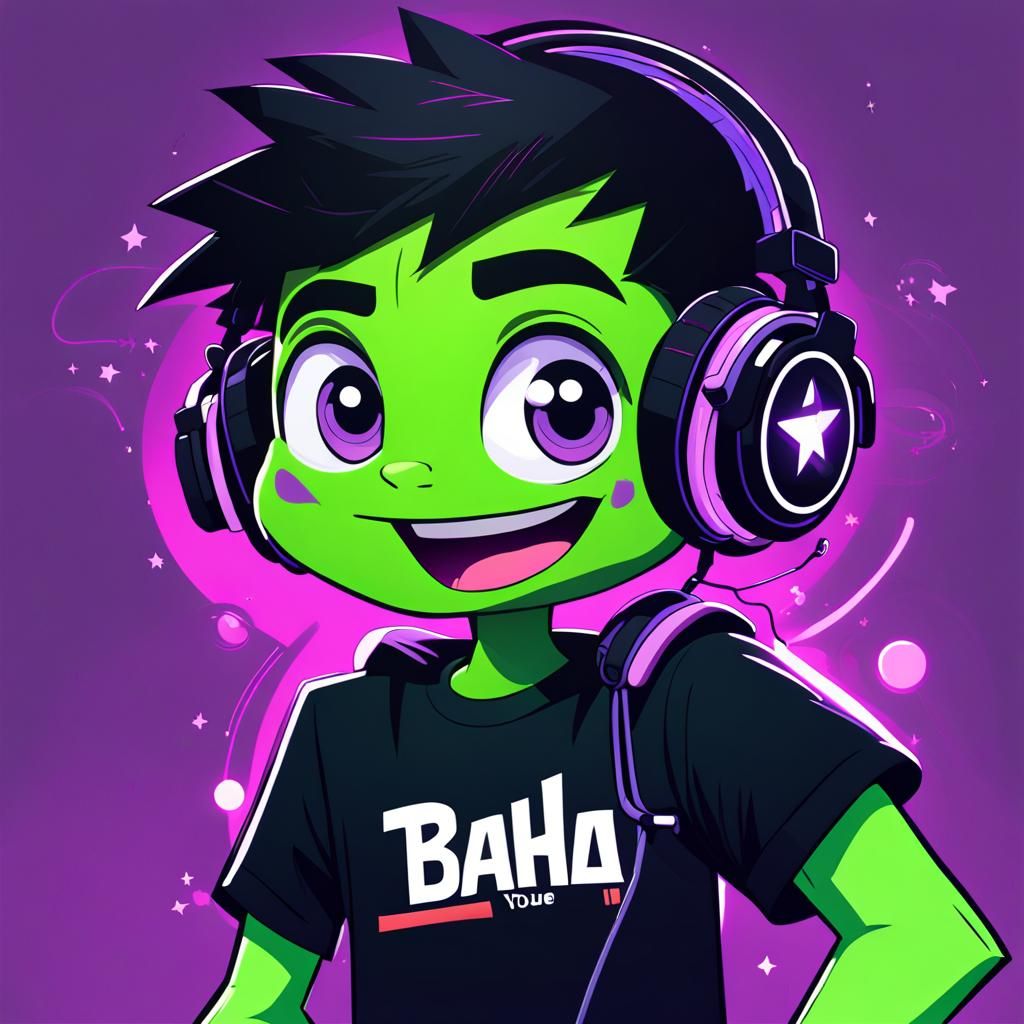 Green Cartoon Gamer with YouTube Logo in Neon Style