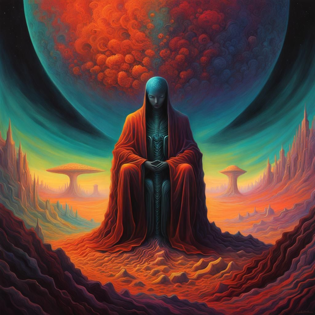 Beksinski-Inspired Alien Being in Cosmic Landscape