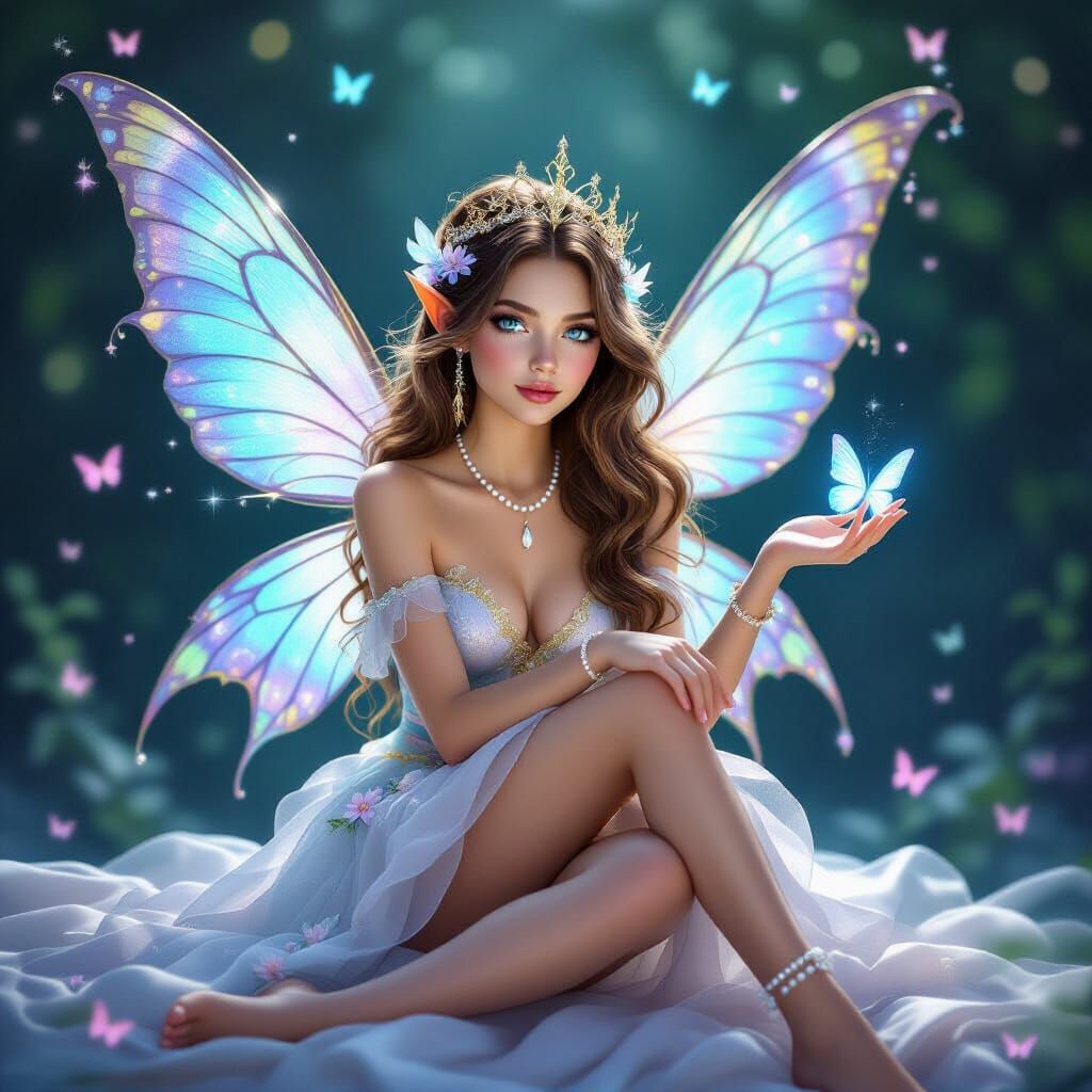 A delicate, ethereal fairy with long, wavy brown hair and lu...