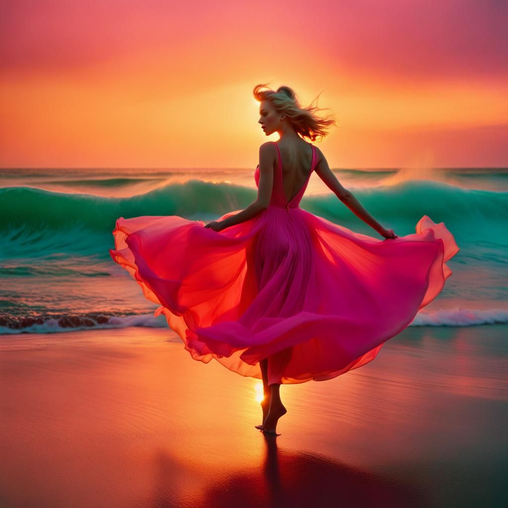 Dancing on Beach at Sunset in Dreamy Style