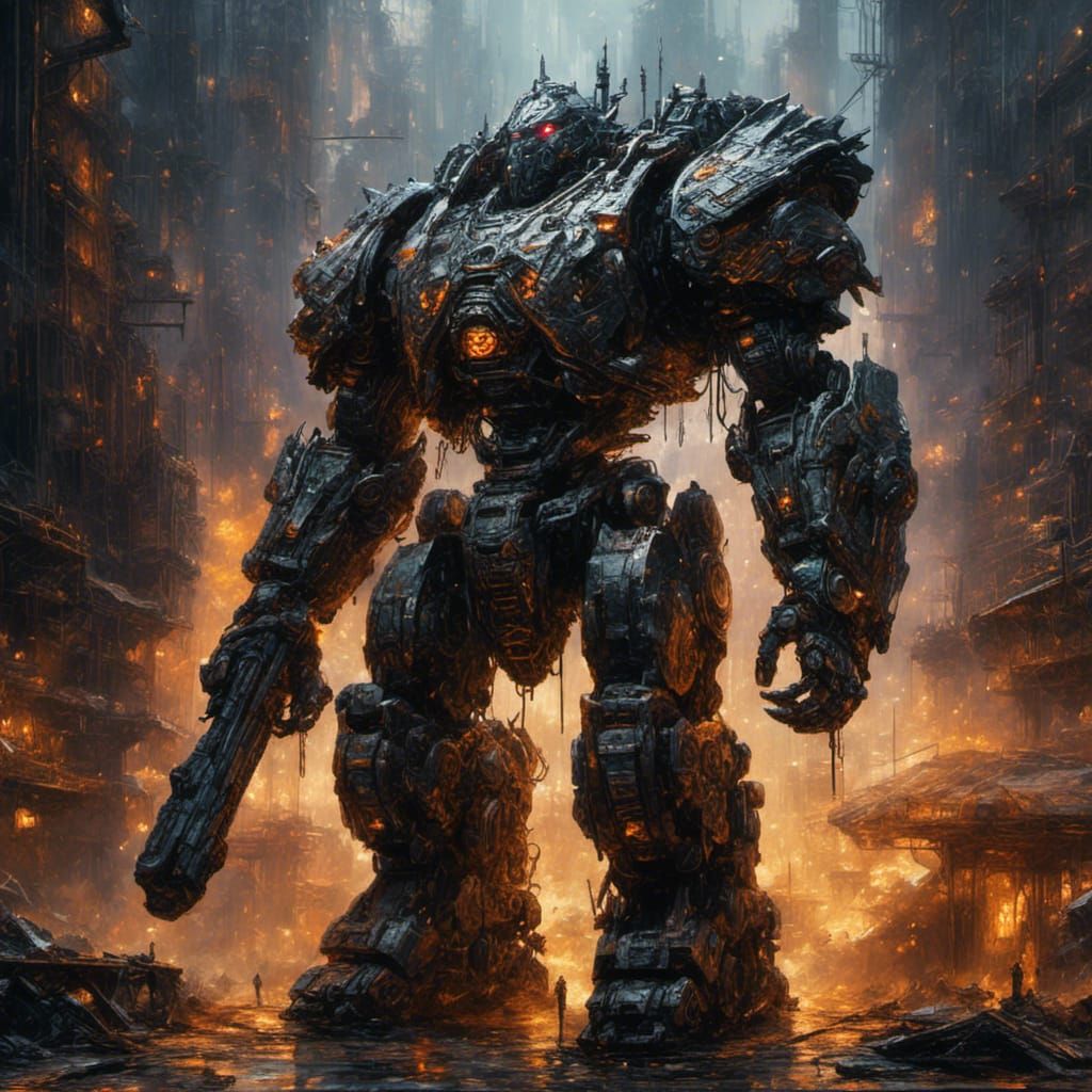 Cyberpunk Bio-Mecha Over Burning Factory