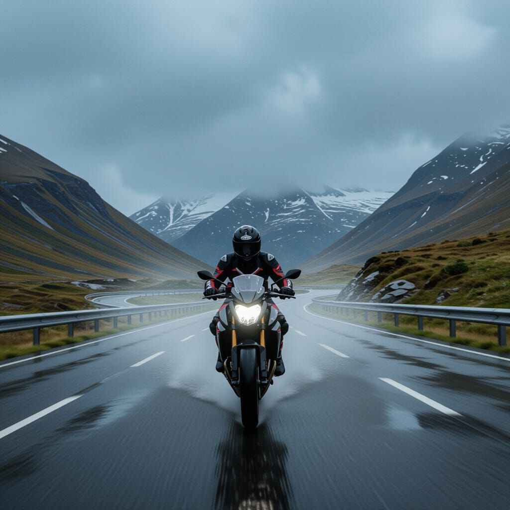 Motorcyclist on Mountain Highway in Storm