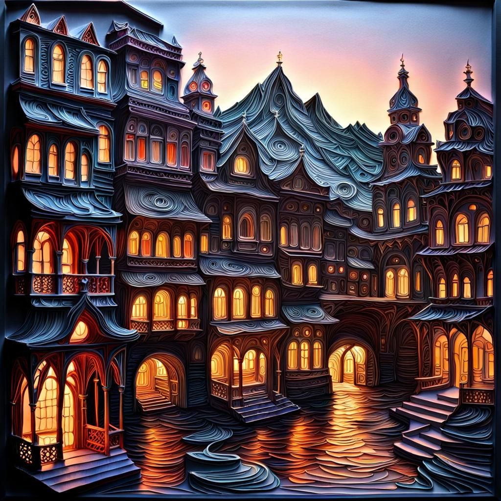 Quilling in Twilight Town: Ink and Watercolor Art