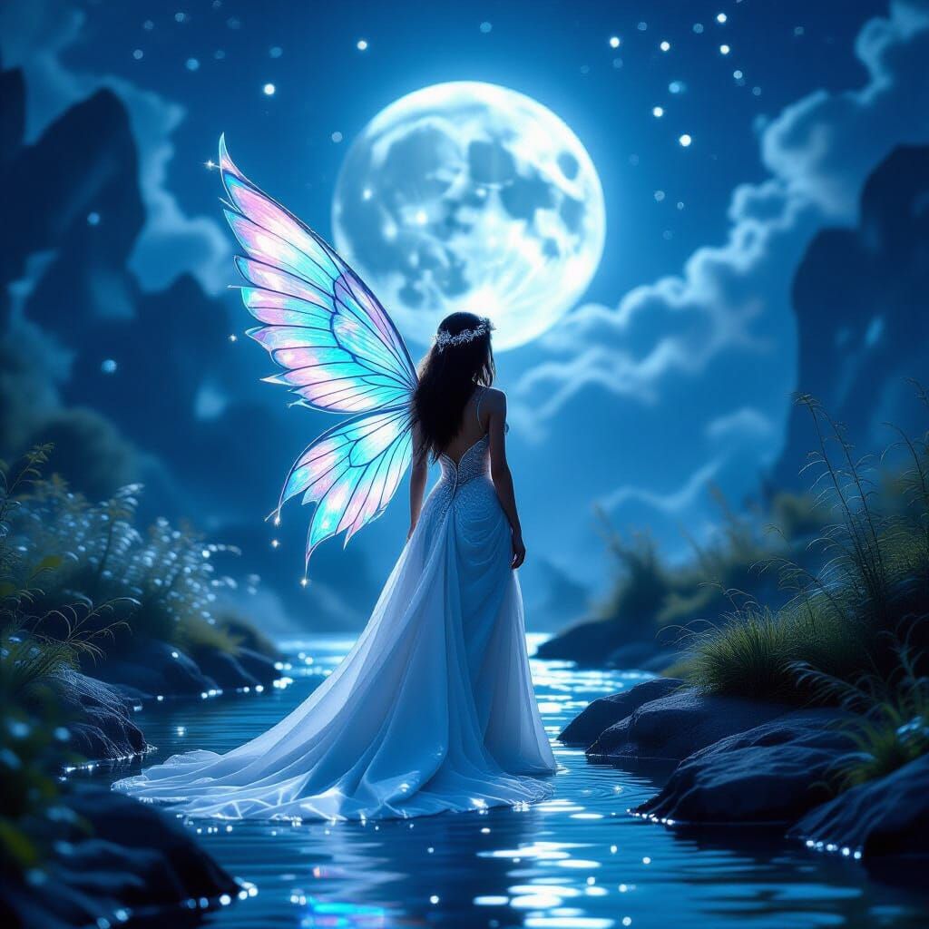 Silver Fairy by Ethereal Waterfall in Moonlight