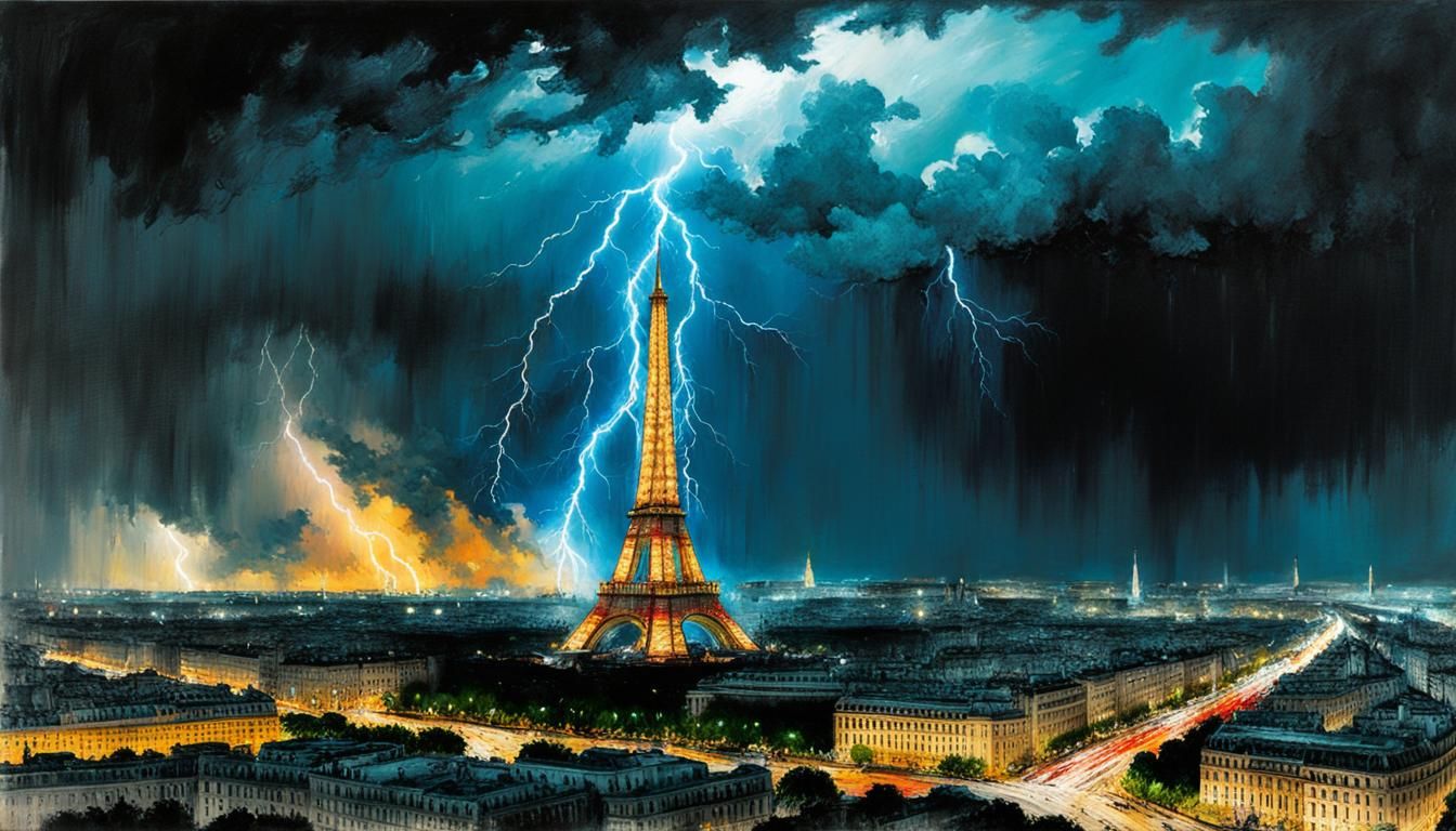 Eiffel Tower Under Lightning Storm, Watercolor Art