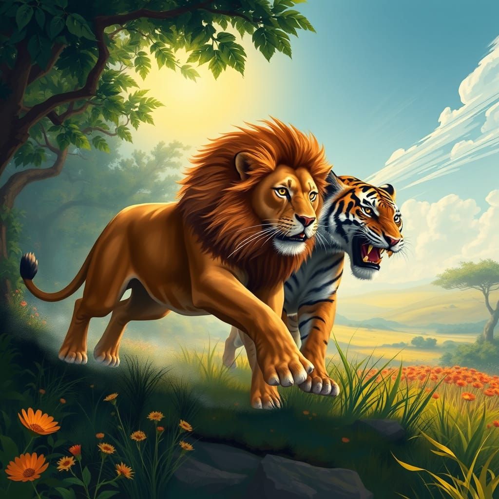 Majestic Lion Pounces on Regal Tiger in Vibrant Jungle Lands...