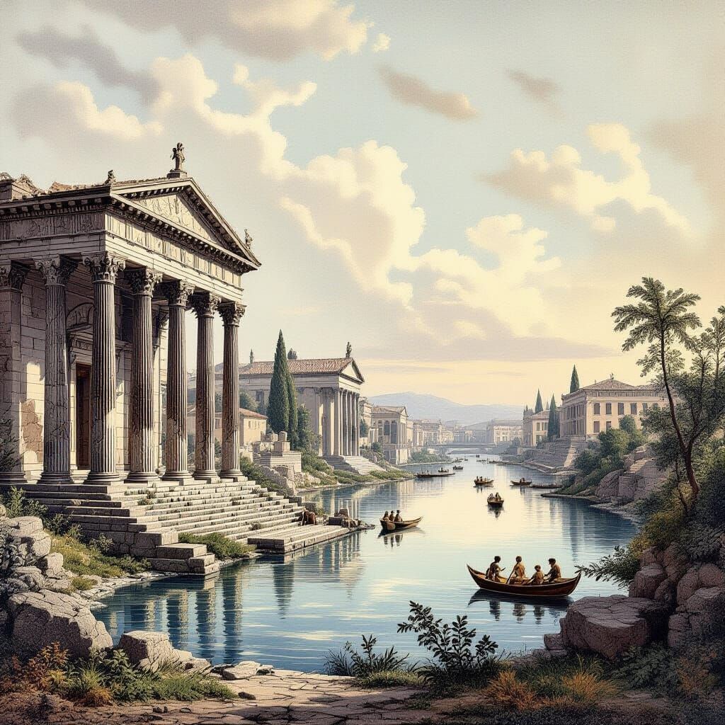 Antediluvian Civilization Landscape as Color Engraving