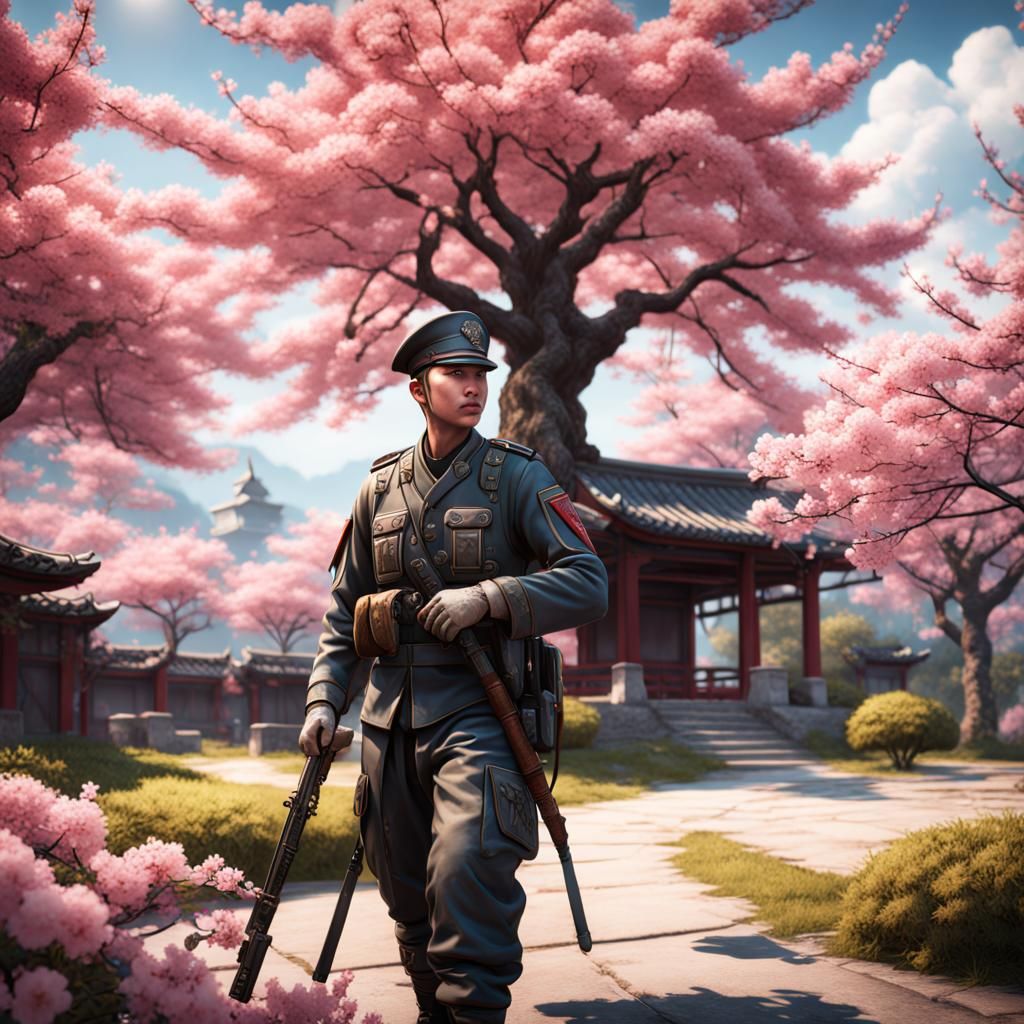 Asian Soldier Under Cherry Blossoms: Detailed Matte Painting