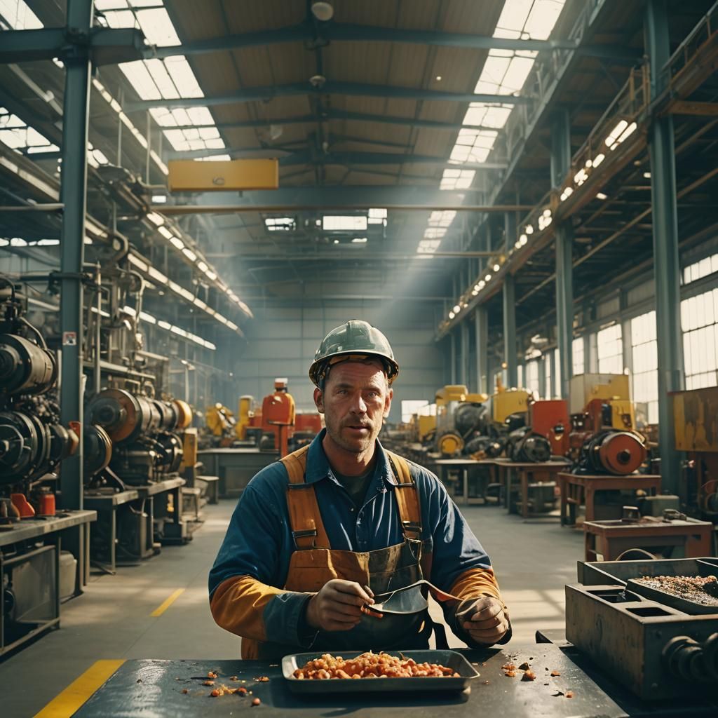 Construction Worker Lunch Break in Modern Factory