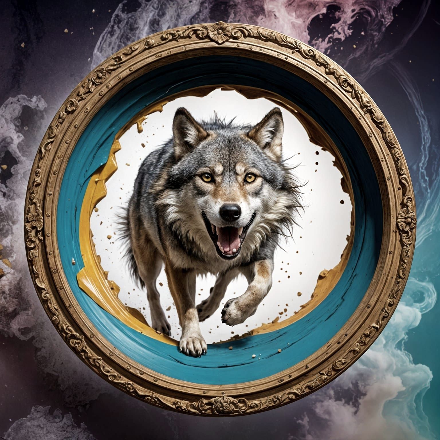 Wolf Breaking Through Round Frame