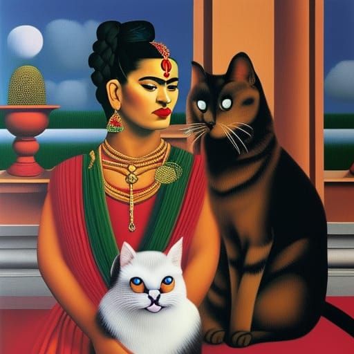 Surreal Dance: Naive Art Painting of Woman and Cat