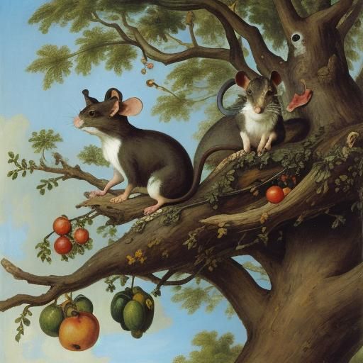 Giant Mouse in Mystical Treehouse, Surrealist Painting