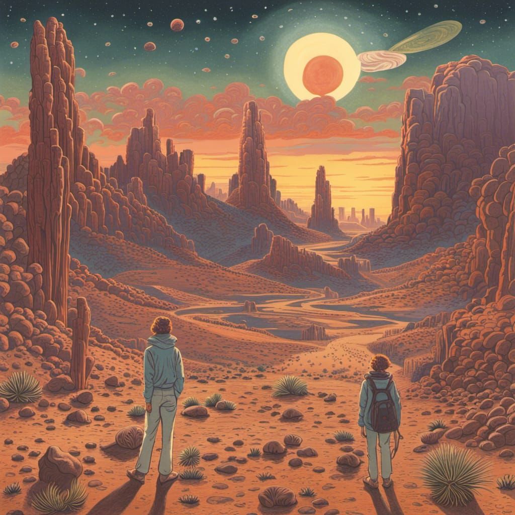 Desert Sunset in Retrofuturist 1960s Illustration Style