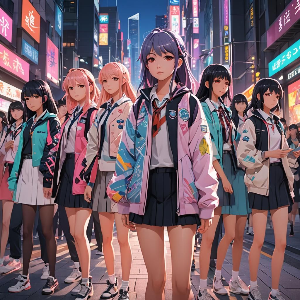 Anime Student Council in Vibrant Cityscape