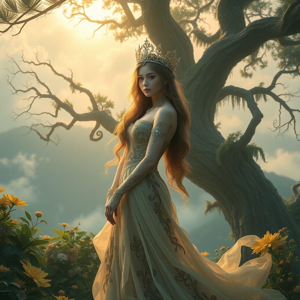 Serene Nature Princess in a Misty Landscape
