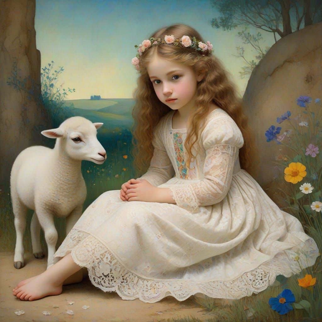 Child with Lamb in Whimsical Textured Style