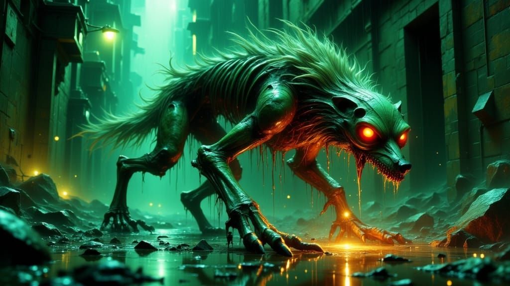 Mutated Zombie Dog in Dark Alleyway Concept Art