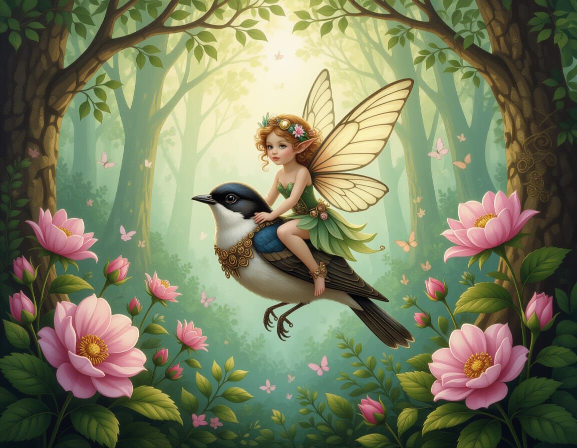 Steampunk Fairy Riding Bird Through Forest