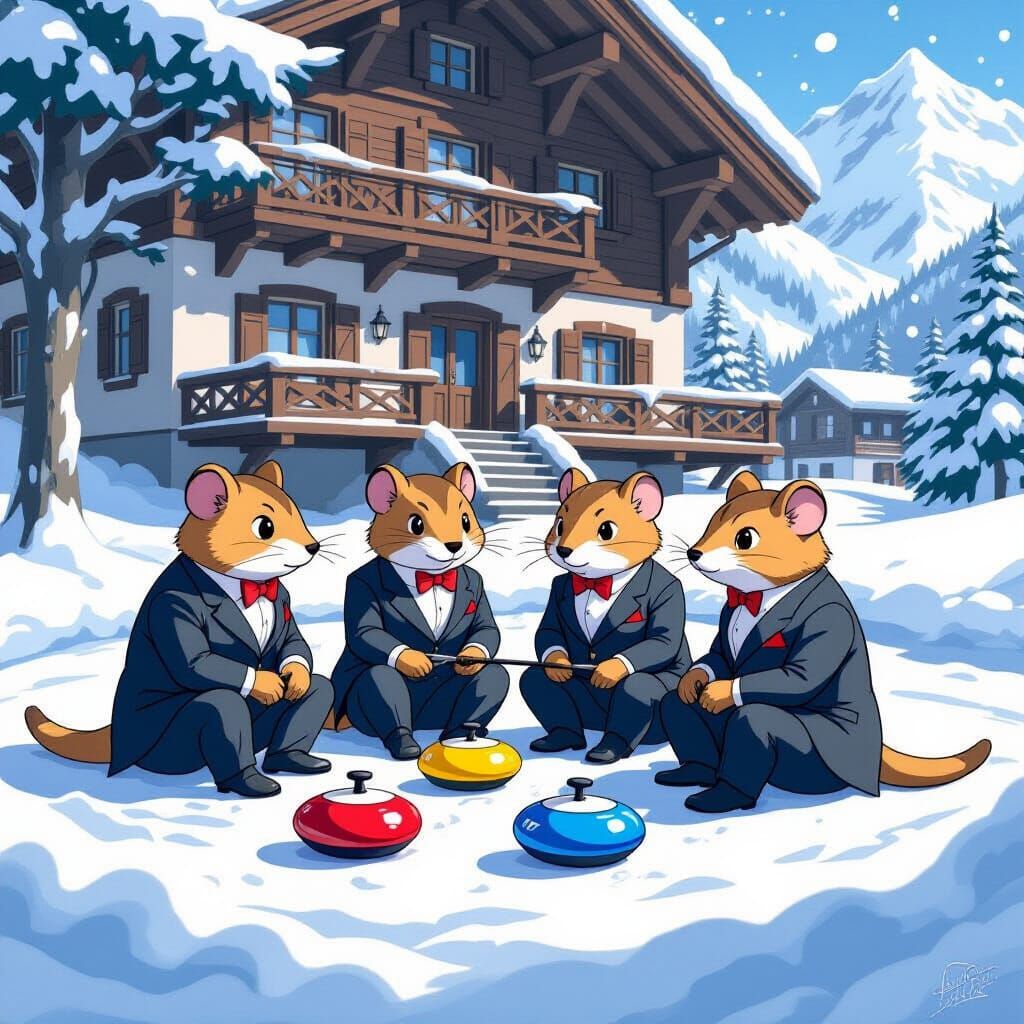 Meekrats Curling in Swiss Alps in Fancy Suits