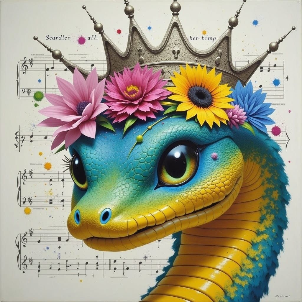 Cobra King Portrait with Floral Crown, Watercolor Style