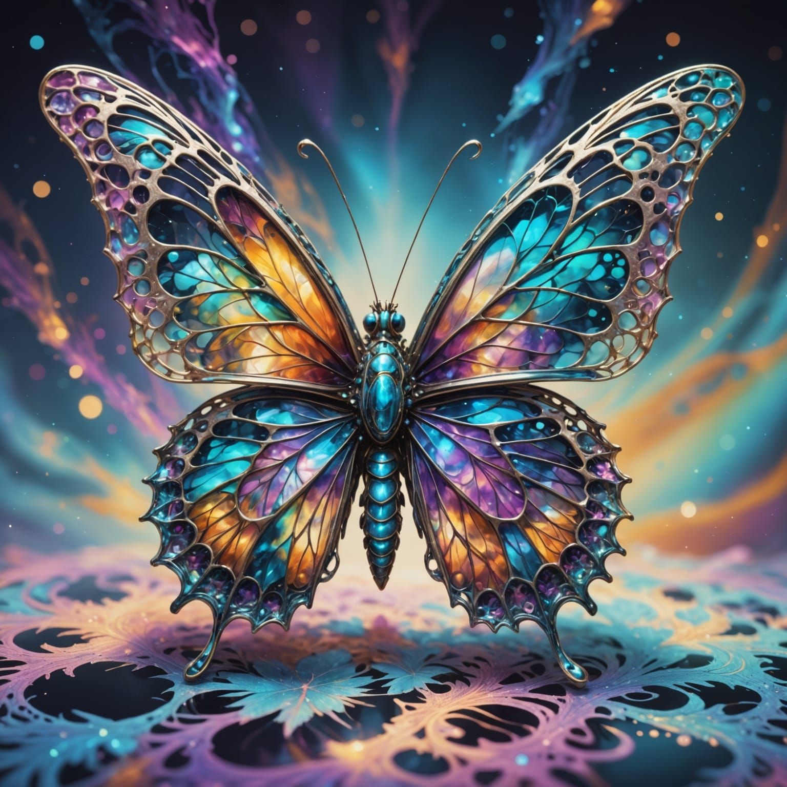 Pastel Holographic Butterfly in Cosmic Filigree