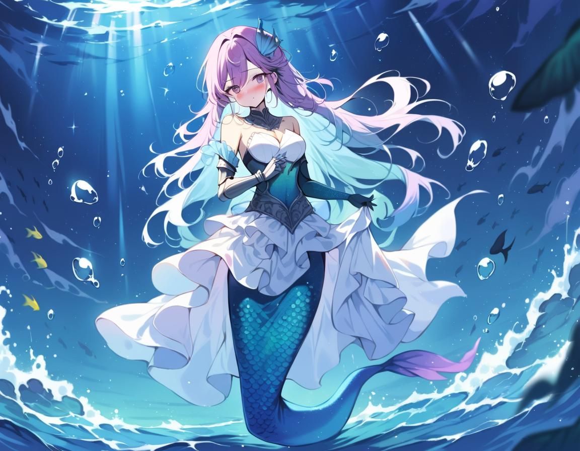 Watercolor Mermaid in Deep Sea with Prosthetic Arm