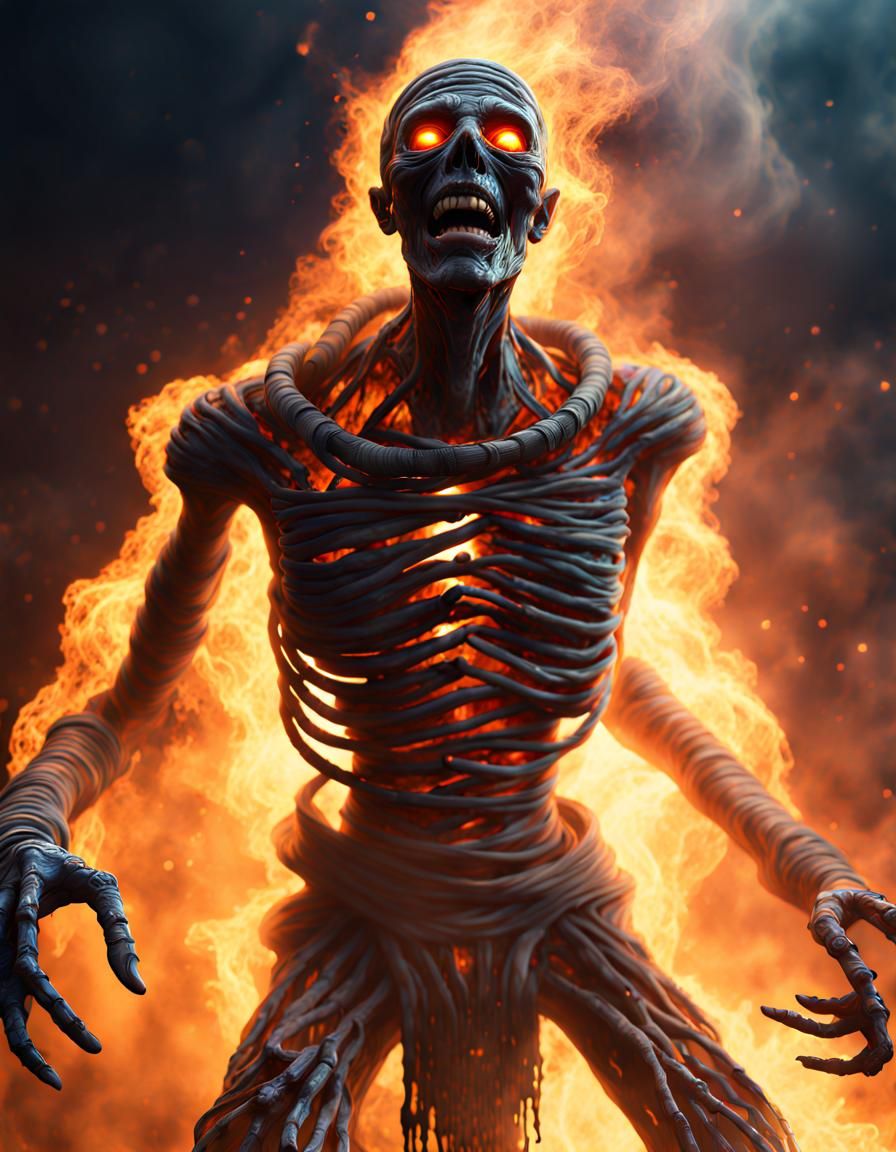 Creepy Fire Mummy Horror Approaching