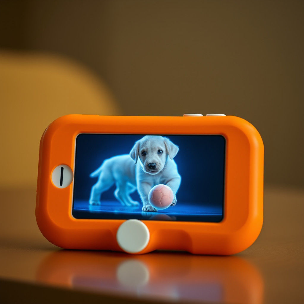 Playful Orange Phone with Hologram Puppy, Cinematic Style