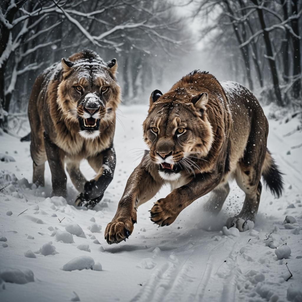 Smilodons Hunting Rabbit in Snow, Wildlife Portrait